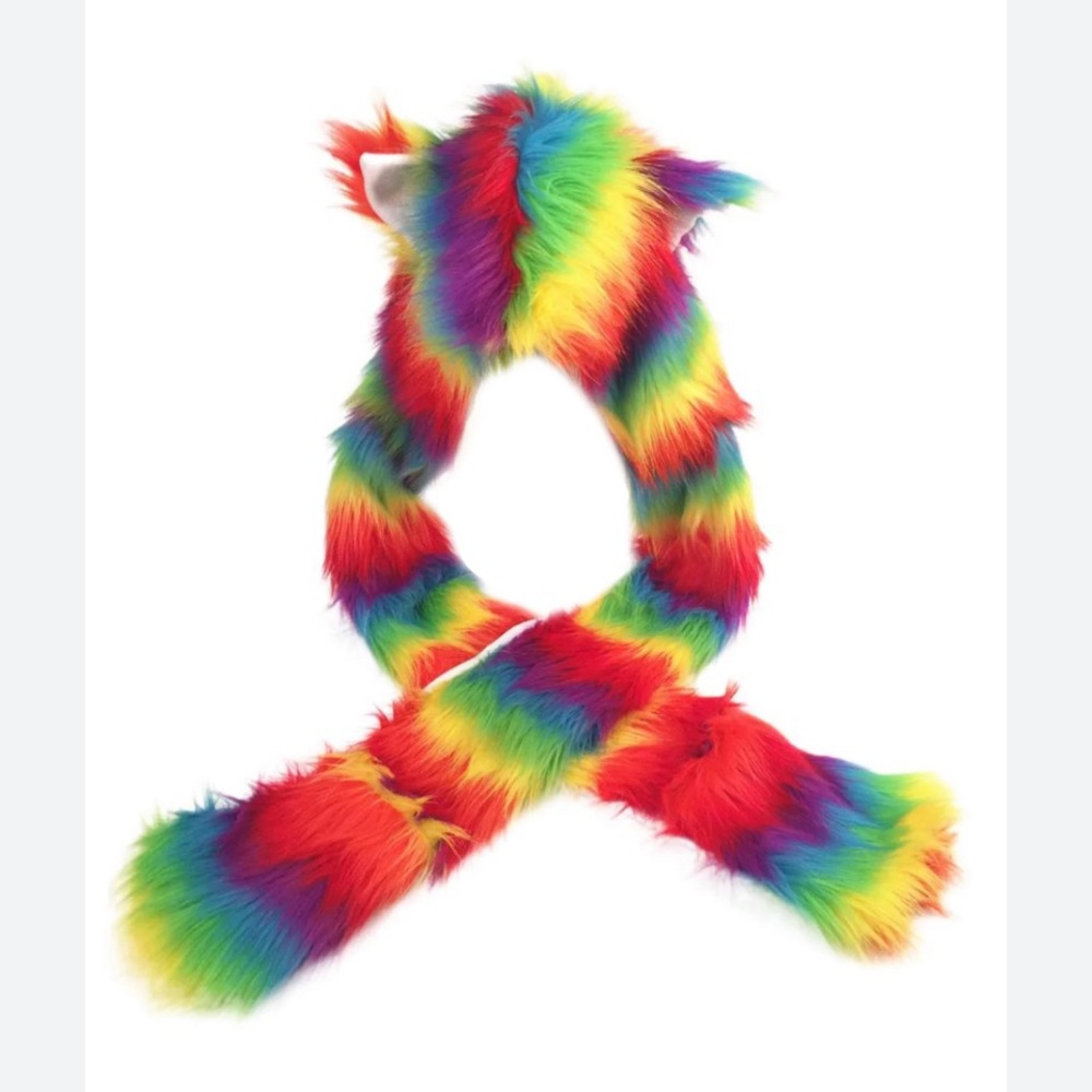 Women's Faux Fur Animal Paws Hat Hoods Gloves Scarf Rainbow Cute Pride-Hood